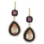 A PAIR OF MORGANITE, ONYX AND DIAMOND DROP EARRINGS each set with a pear cut morganite in a border