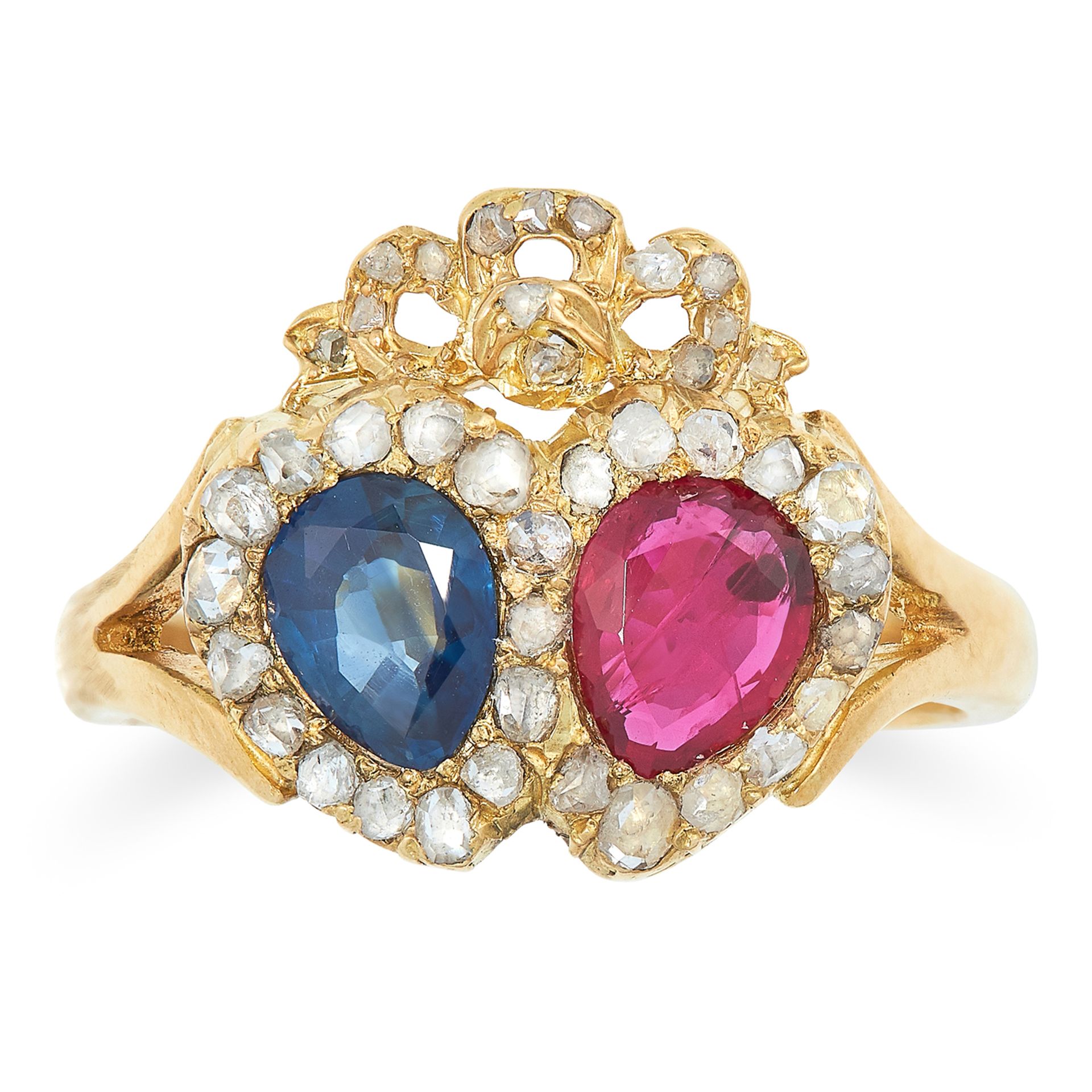 A RUBY AND SAPPHIRE SWEETHEART RING set with a pear cut ruby and a pear cut sapphire and rose cut
