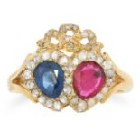 A RUBY AND SAPPHIRE SWEETHEART RING set with a pear cut ruby and a pear cut sapphire and rose cut