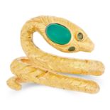 AN ANTIQUE SNAKE RING set with emeralds and a cabochon chrysoprase, size M / 6, 11.6g.