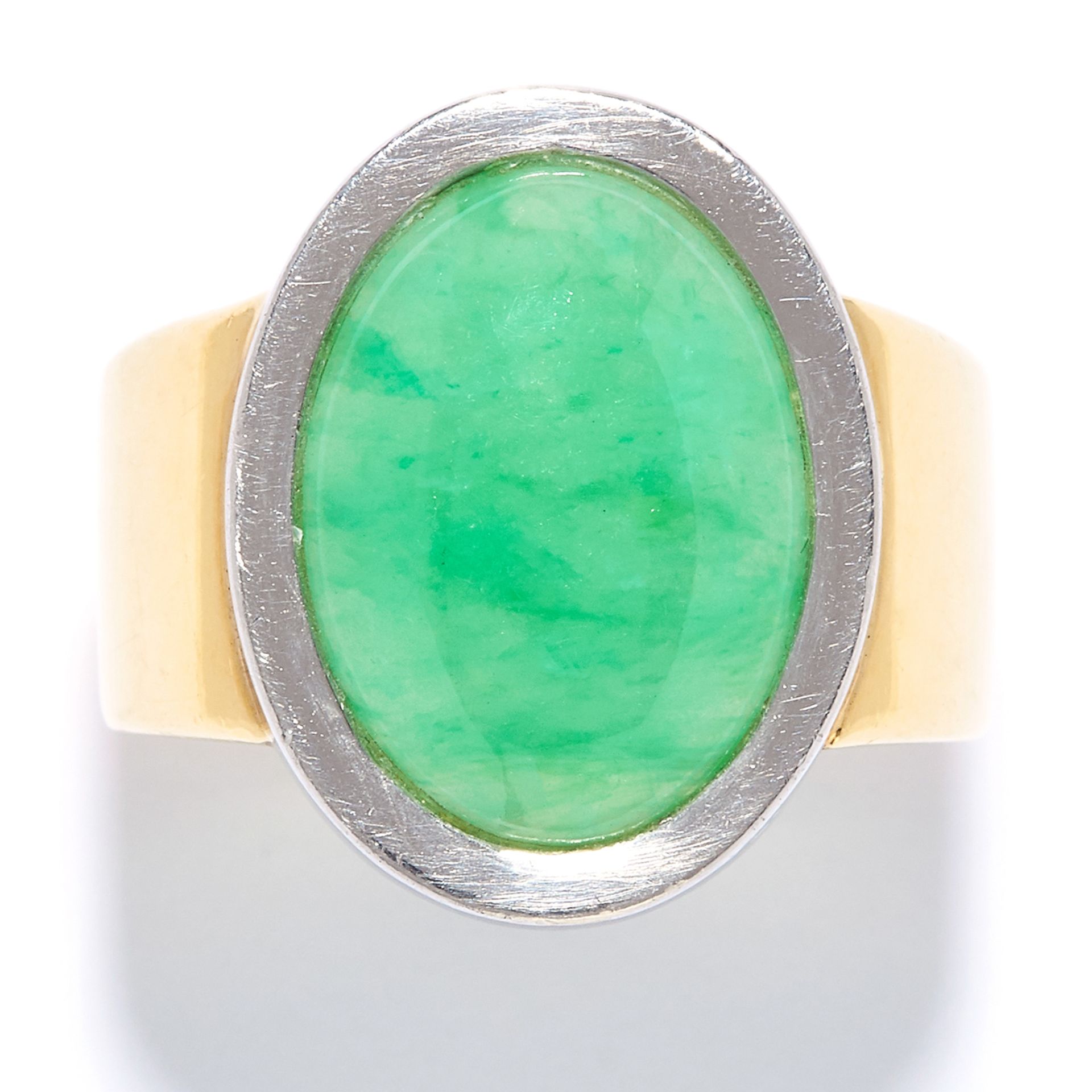 A JADEITE JADE DRESS RING set with an oval jade cabochon of 7.50 carats, size R / 8.5, 16.2g.