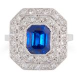 A BURMA NO HEAT SAPPHIRE AND DIAMOND DRESS RING set with an emerald cut sapphire of 2.0 carats in