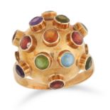 GEMSET RING in the manner of H Stern sputnik design, set with round cut garnet, peridot, topaz,