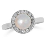 A PEARL AND DIAMOND CLUSTER RING set with a pearl of 6.4mm in a border of round cut diamonds, size H