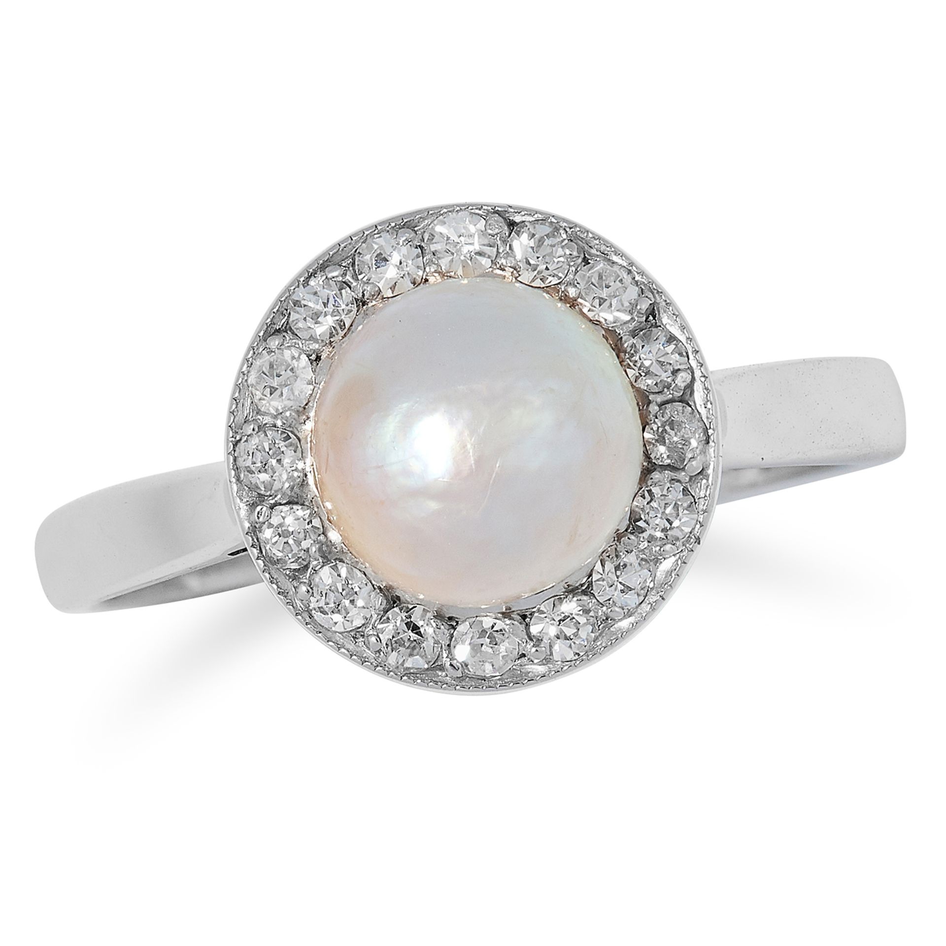 A PEARL AND DIAMOND CLUSTER RING set with a pearl of 6.4mm in a border of round cut diamonds, size H