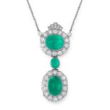 AN EMERALD AND DIAMOND PENDANT NECKLACE set with three cabochon emeralds of 12.39, 11.83 and 2.09