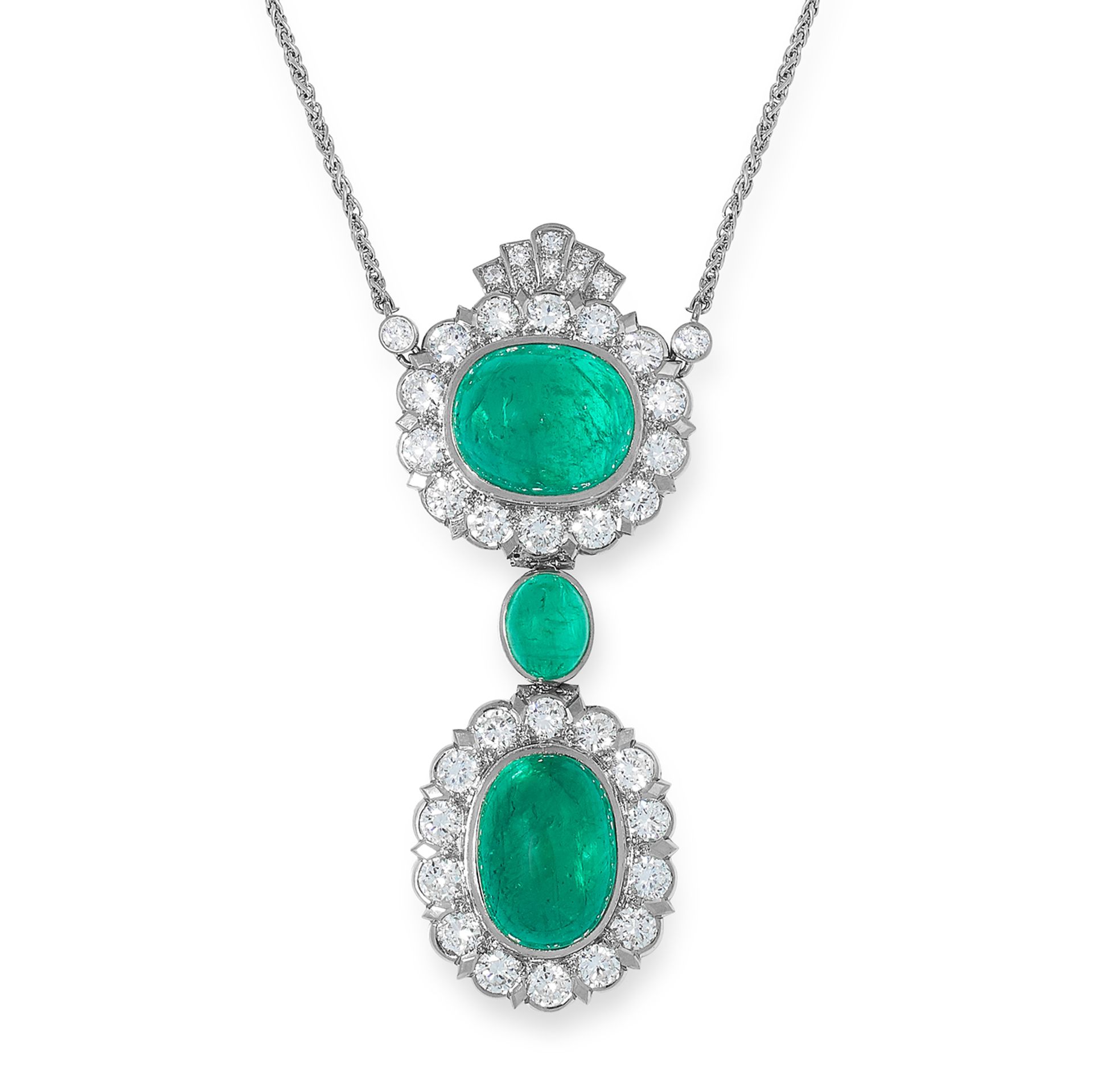 AN EMERALD AND DIAMOND PENDANT NECKLACE set with three cabochon emeralds of 12.39, 11.83 and 2.09