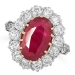 A BURMA NO HEAT RUBY AND DIAMOND RING set with an oval cut ruby of 2.10 carats encirlced by old