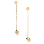 A PAIR OF ENAMEL DICE DROP EARRINGS each comprising of a gold chain suspending a dice charm, 7cm,