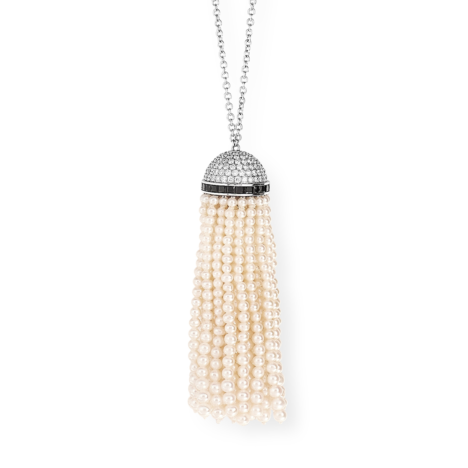 A PEARL, DIAMOND AND ONYX TASSEL PENDANT NECKLACE in Art Deco design set with round cut diamonds, - Image 2 of 2