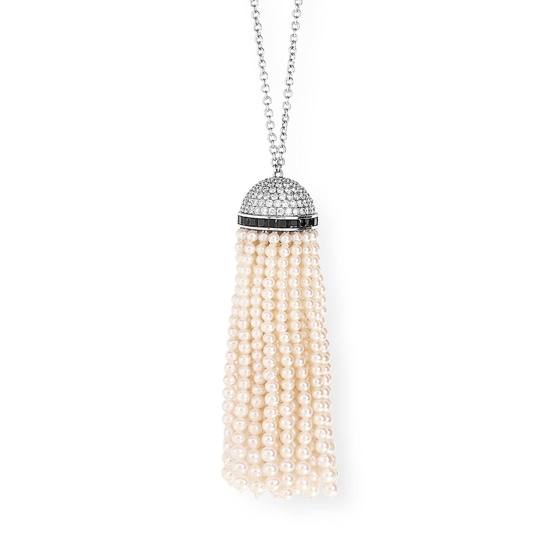 A PEARL, DIAMOND AND ONYX TASSEL PENDANT NECKLACE in Art Deco design set with round cut diamonds, - Bild 2 aus 2
