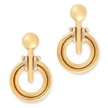 A PAIR OF ANTIQUE GOLD DROP EARRINGS in circular design, 3.5cm, 12.8g.