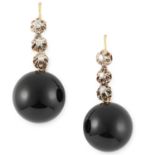 A PAIR OF ONYX AND DIAMOND EARRINGS set with polished onyx beads and round cut diamonds, 3.5cm,