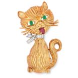 A VINTAGE EMERALD, DIAMOND AND RUBY CAT BROOCH, BEN ROSENFELD 1964 designed as a cat wearing a