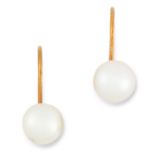 A PAIR OF PEARL EARRINGS the pearls set on french hooks, unmarked gold, 1.8cm, 2.2g.