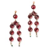 A PAIR OF ANTIQUE GARNET CHANDELIER EARRINGS set with rose cut garnets and pearls, 6cm, 8.7g.