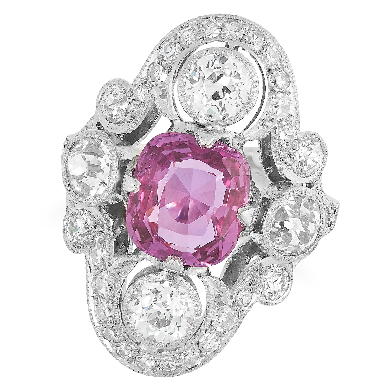 A CEYLON PINK SAPPHIRE AND DIAMOND DRESS RING set with a cushion cut pink sapphire of 3.45 carats