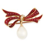 AN EMAMEL, PEARL AND DIAMOND BOW BROOCH set with old cut diamonds, red and white enamel,