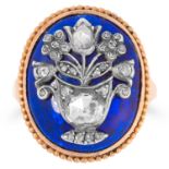 ANTIQUE DIAMOND AND ENAMEL MOURNING RING set with blue enamel and rose cut diamonds, size P / 7.5,