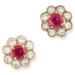 RUBY AND DIAMOND CLUSTER EARRINGS set with a round cut ruby in a cluster of round cut diamonds, 1cm,