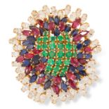 VINTAGE RUBY, SAPPHIRE, EMERALD AND DIAMOND BROOCH set with round cut emeralds, marquise cut rubies,