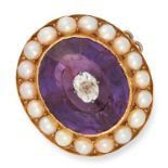 ANTIQUE AMETHYST PEARL AND DIAMOND BROOCH set with a central diamond old cut diamond within an