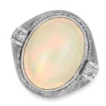 AN OPAL AND DIAMOND RING set with an oval cabochon opal of 6.08 carats and single cut diamonds, size