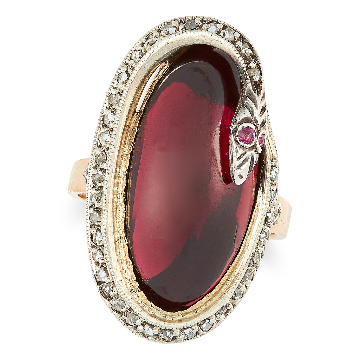 AN ANTIQUE GARNET AND DIAMOND SNAKE MOURNING RING, 19TH CENTURY set with a cabochon garnet in a