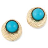 A PAIR OF VINTAGE TURQUOISE EARRINGS set with cabochon turquoise in a twisted gold border, stamped