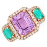 A KUNZITE, EMERALD AND DIAMOND RING set with emerald cut kunzite between two emerald cut emeralds in