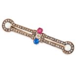 AN ANTIQUE RUBY, SAPPHIRE, DIAMOND AND PEARL BROOCH set with a principle old cut diamond, cushion
