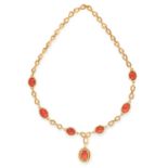 A VINTAGE CORAL NECKLACE set with fancy links and cabochon coral, 65cm, 141g.