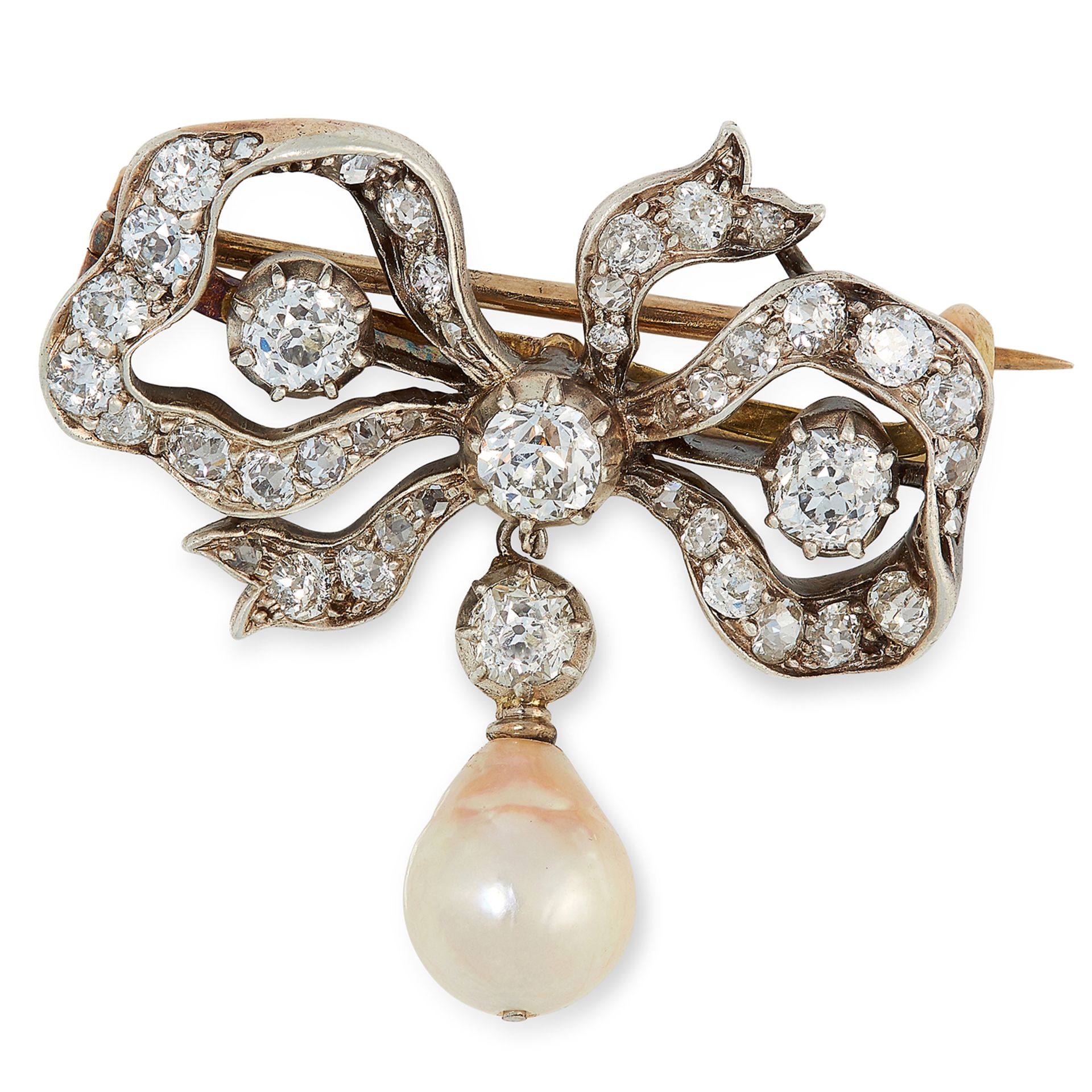 AN ANTIQUE DIAMOND AND PEARL BOW BROOCH the bow set with old and rose cut diamonds, suspending a