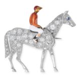 A DIAMOND AND ENAMEL HORSE AND JOCKEY NOVELTY BROOCH the jockey set with orange and white enamel,