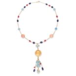 GEMSTONE BEAD NECKLACE set with pearls, pale blue, blue and red gemstone beads, 50cm, 43.3g.