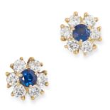 SAPPHIRE AND DIAMOND CLUSTER EARRINGS set with a round cut sapphire in a cluster of round cut