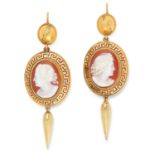 A PAIR OF ANTIQUE CAMEO EARRINGS in Etruscan Revival style, depicting the head of a lady within a