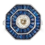 A SAPPHIRE AND DIAMOND TARGET RING in octagonal design, set with a central old cut diamond of