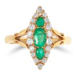ANTIQUE EMERALD AND DIAMOND NAVETTE RING set with cushion cut emeralds and old cut diamonds, size