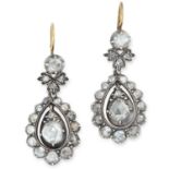 A PAIR OF ANTIQUE DIAMOND DROP EARRINGS set with rose cut diamond drops within a halo of further