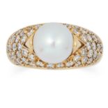 A DIAMOND AND PEARL RING, BULGARI set with a pearl in a border of round cut diamonds, signed