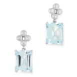 AQUAMARINE AND DIAMOND EARRINGS each set with round cut diamonds and an emerald cut aquamarine, 2.