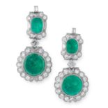 A PAIR OF EMERALD AND DIAMOND EARRINGS set with cabochon emeralds of 11.91, 9.71, 2.52 and 2.29