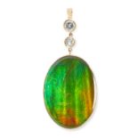 AN AMMOLITE AND DIAMOND PENDANT comprising of a large oval ammolite cabochon below two round cut