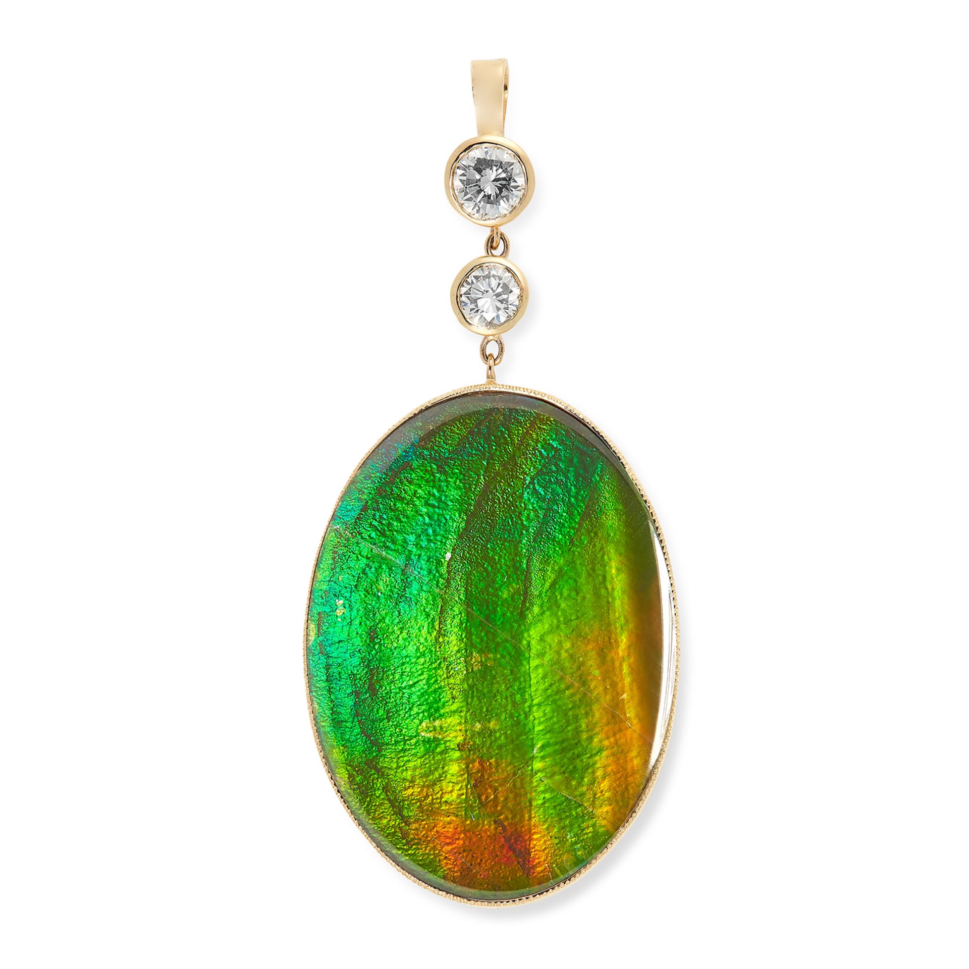 AN AMMOLITE AND DIAMOND PENDANT comprising of a large oval ammolite cabochon below two round cut