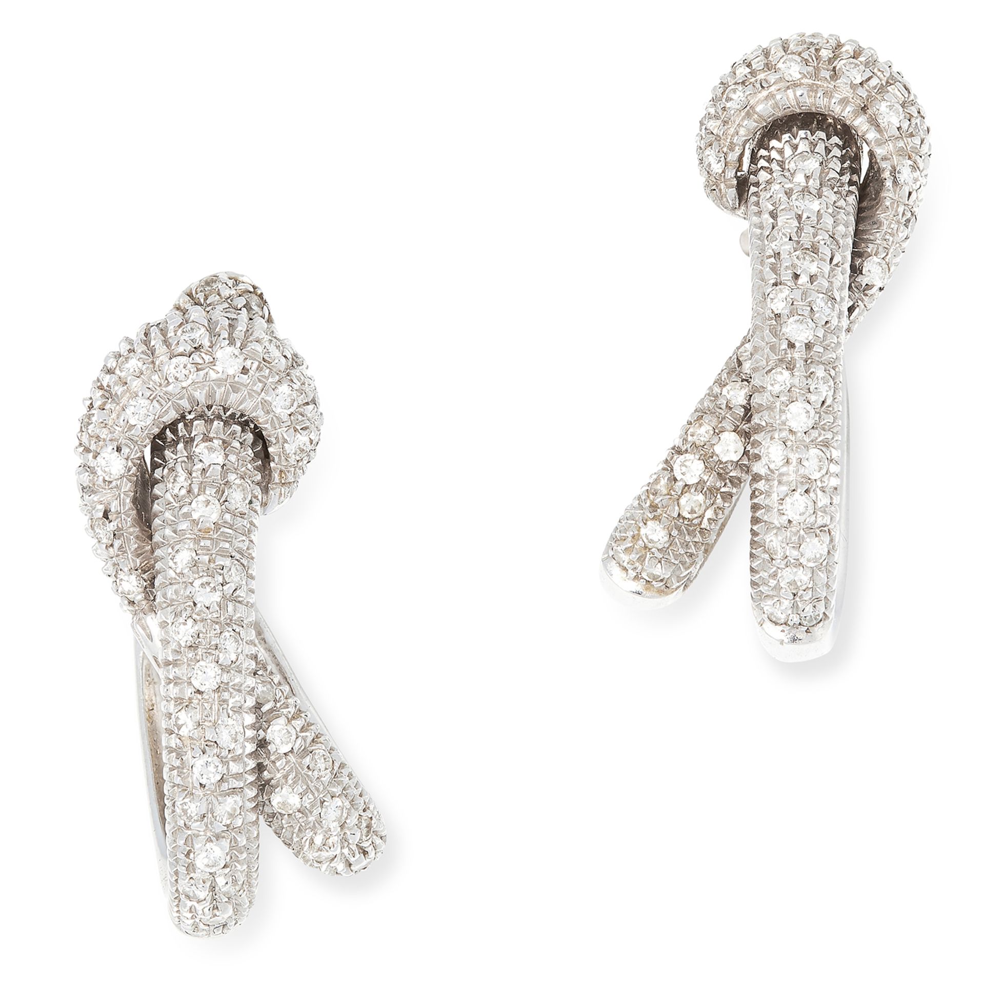 A PAIR OF DIAMOND HOOP EARRINGS in abstract twisted form set with round cut diamonds, 2.3cm, 13.8g.