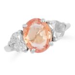A PADPARADSHA SAPPHIRE AND DIAMOND THREE STONE RING set with a central padparadsha sapphire of 3.