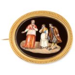 AN ANTIQUE MICROMOSAIC BROOCH depicting a religious scene the onyx inlaid with multicoloured