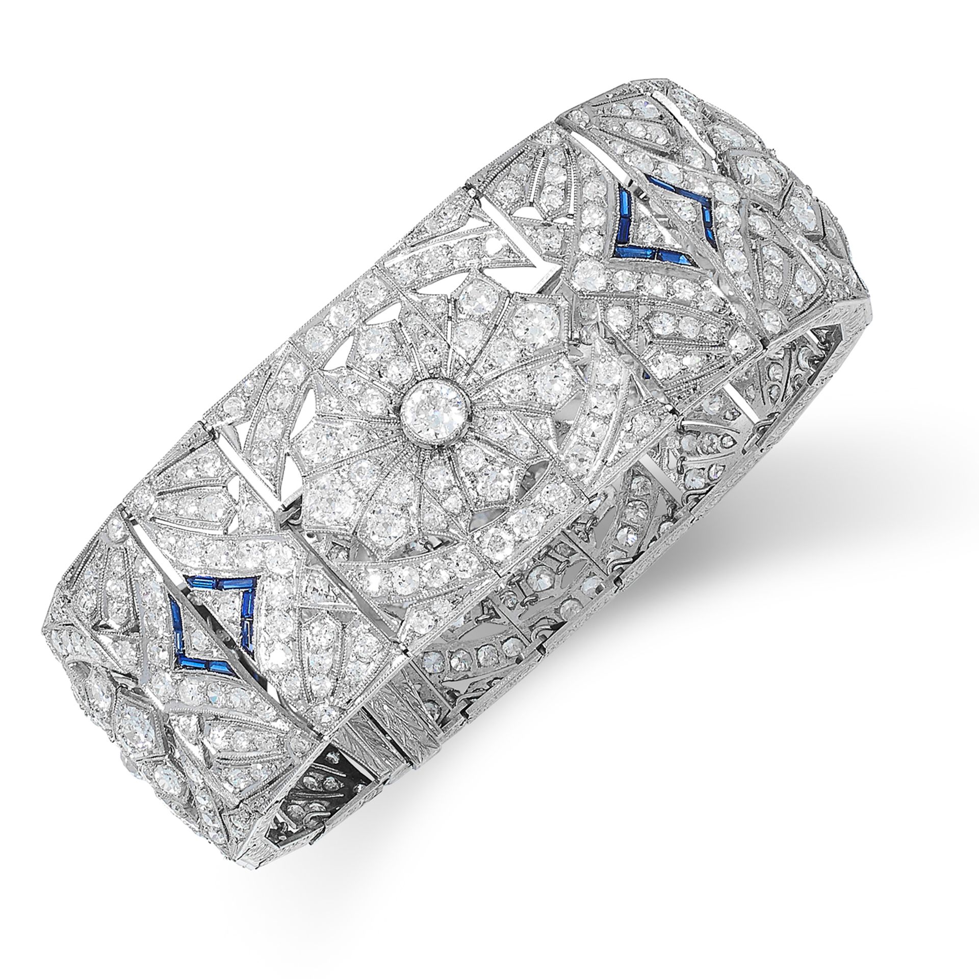 AN ANTIQUE ART DECO DIAMOND AND SAPPHIRE BRACELET set with old cut diamonds and step cut sapphires