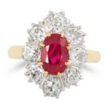 AN ANTIQUE BURMA NO HEAT RUBY AND DIAMOND RING set with an oval cut ruby of approximately 3.0 carats